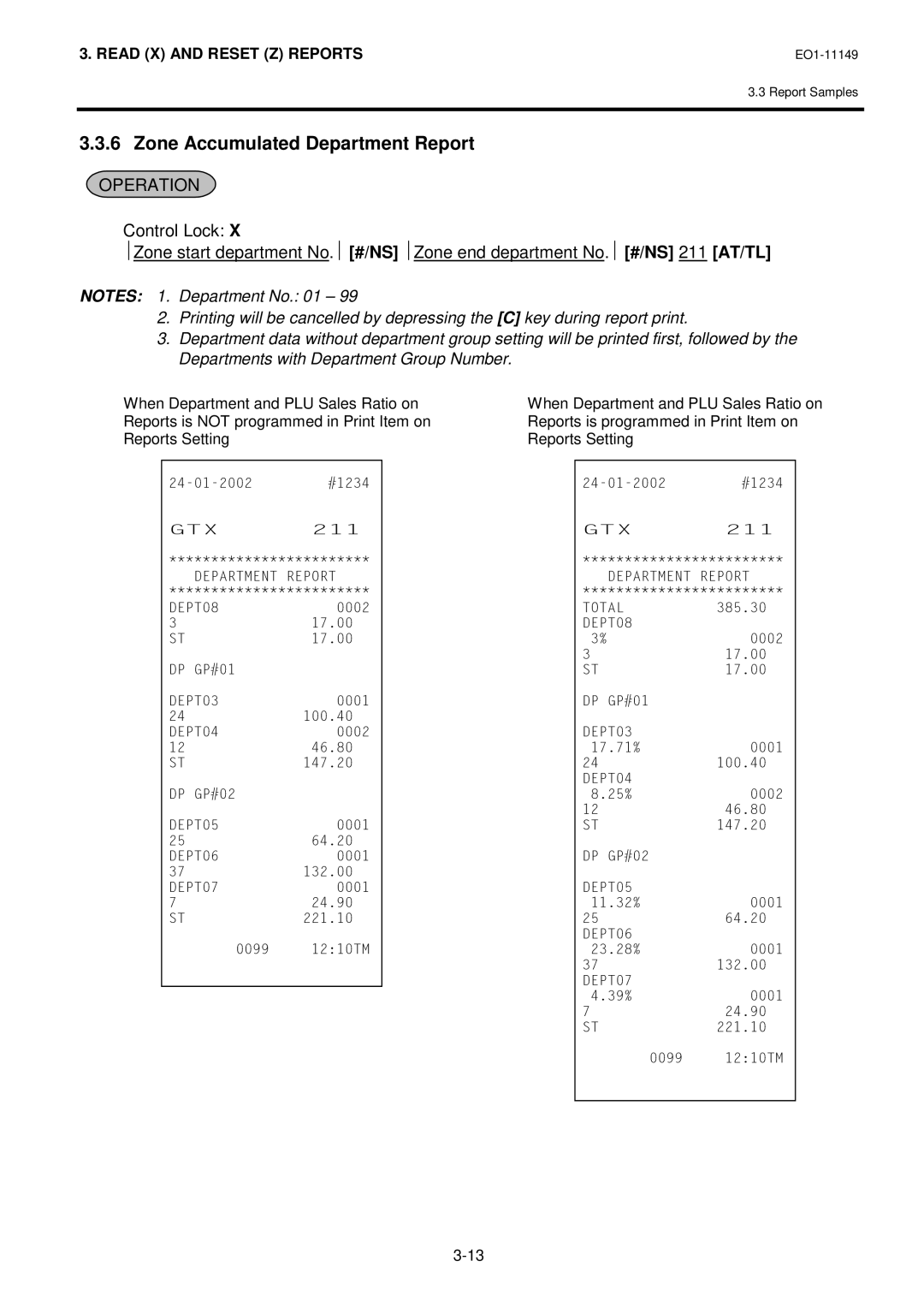 Toshiba MA-1535-2 owner manual Zone Accumulated Department Report, Departments with Department Group Number 