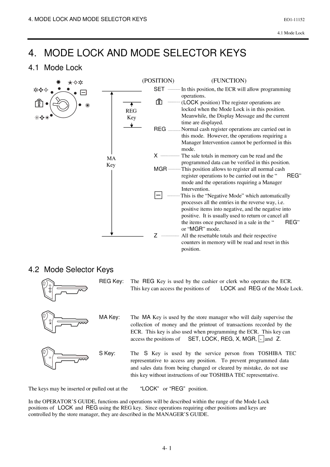 Toshiba MA-1595-1 Series owner manual Mode Lock and Mode Selector Keys, Reg 