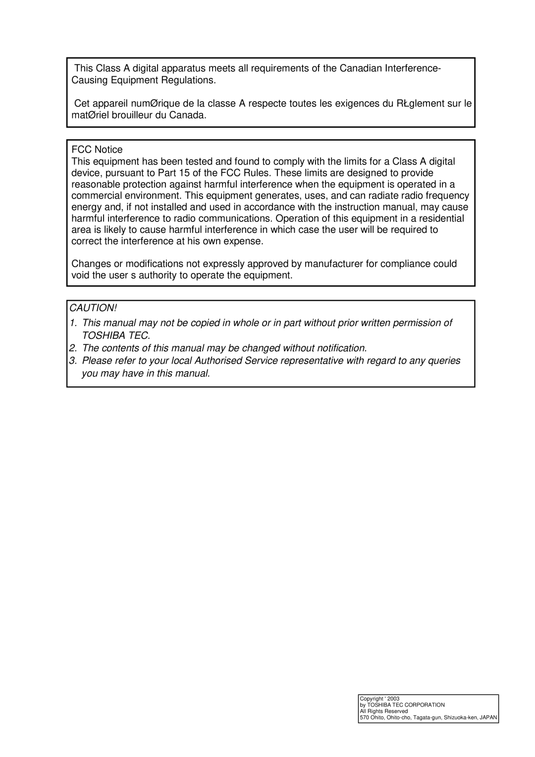 Toshiba MA-1595-1 Series owner manual FCC Notice 