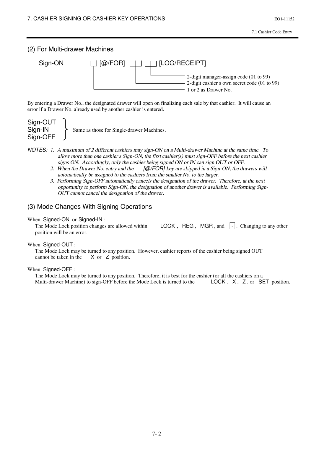 Toshiba MA-1595-1 Series For Multi-drawer Machines Sign-ON@/FOR, Mode Changes With Signing Operations, When Signed-OUT 