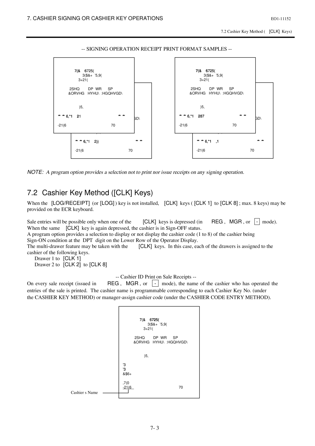 Toshiba MA-1595-1 Series owner manual Cashier Key Method CLK Keys, Signing Operation Receipt Print Format Samples 