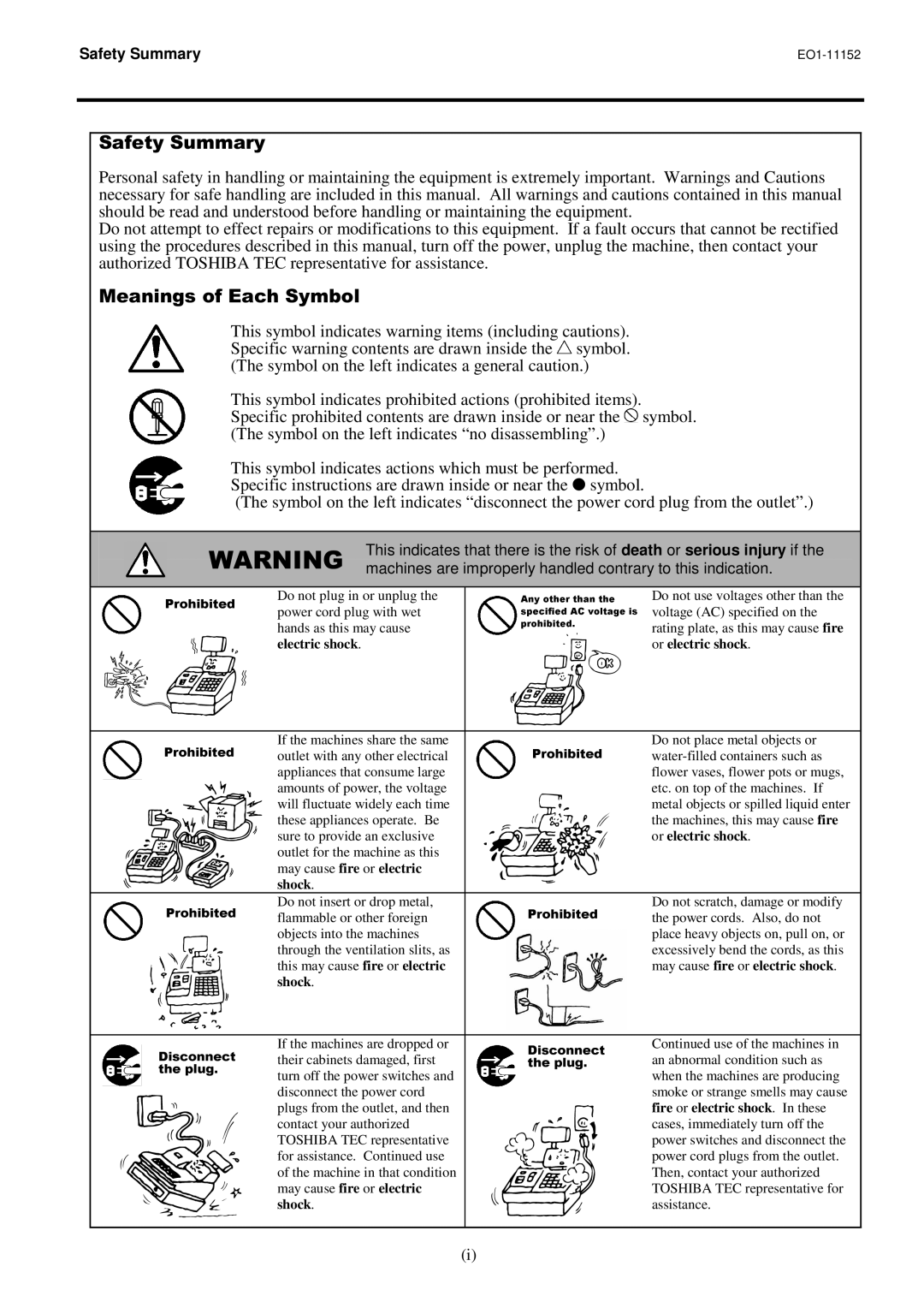 Toshiba MA-1595-1 Series owner manual Safety Summary, Machines are improperly handled contrary to this indication 