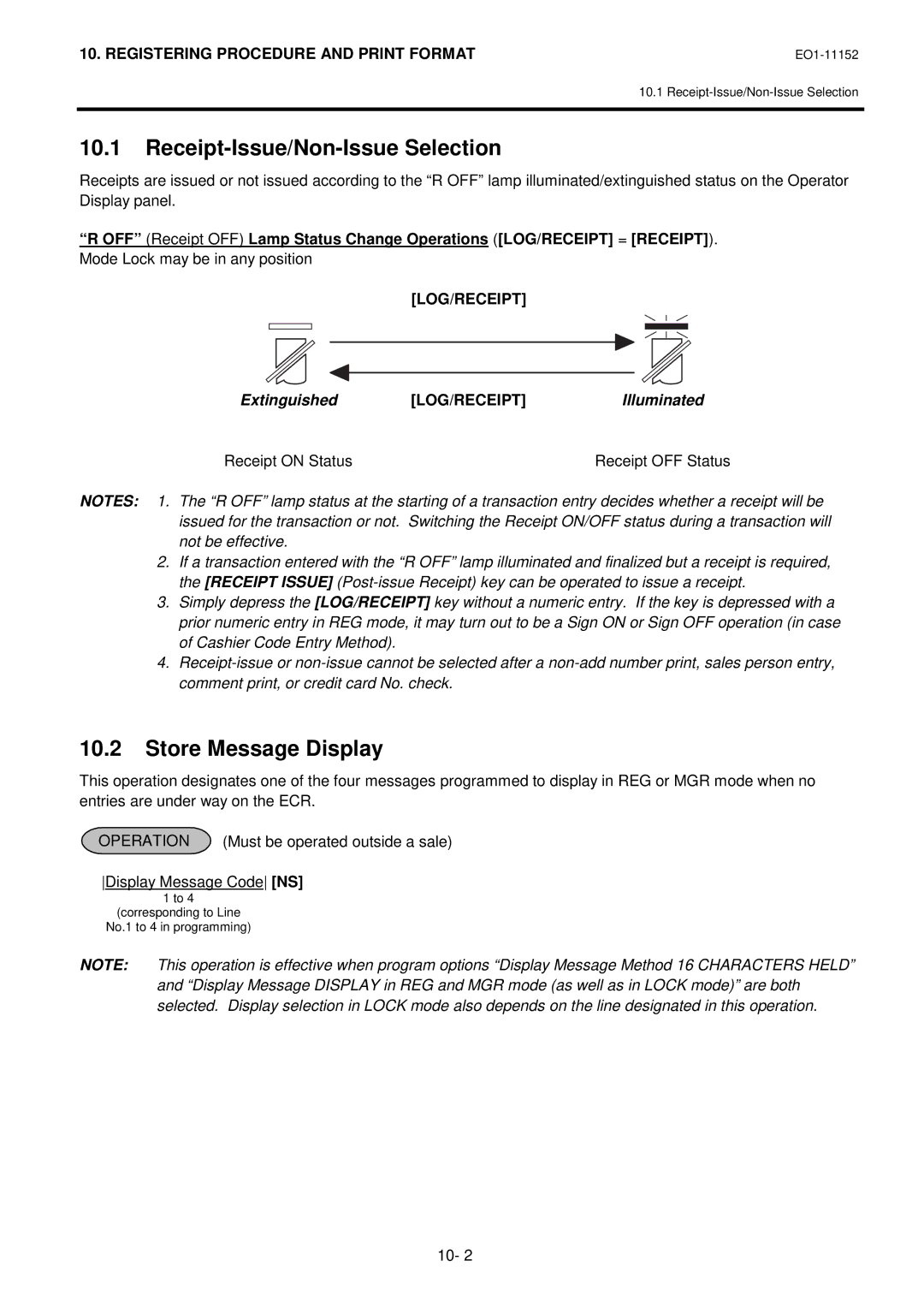 Toshiba MA-1595-1 Series owner manual Receipt-Issue/Non-Issue Selection, Store Message Display, Log/Receipt, Operation 