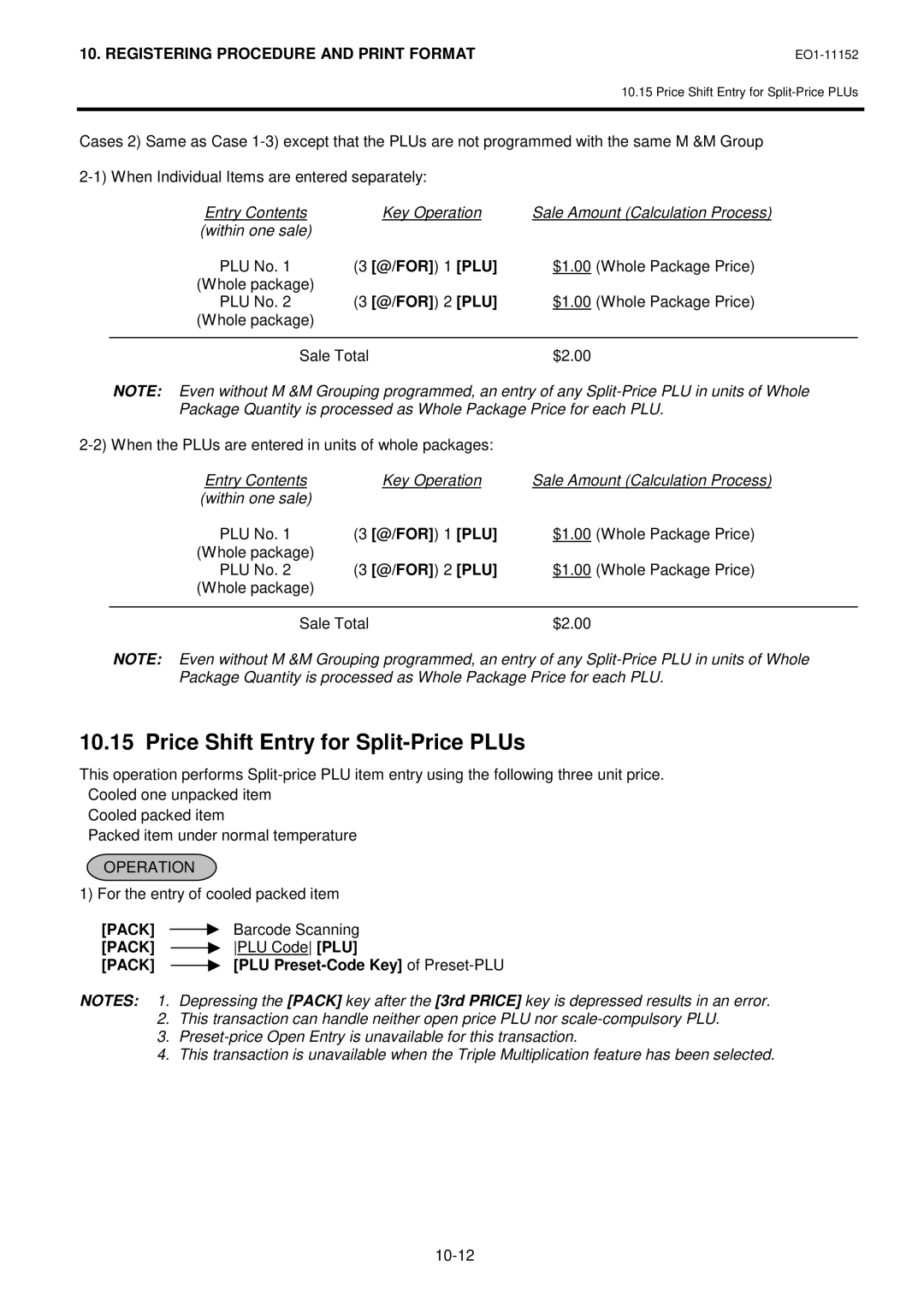 Toshiba MA-1595-1 Series owner manual Price Shift Entry for Split-Price PLUs, Pack, Barcode Scanning, PLU Code PLU 