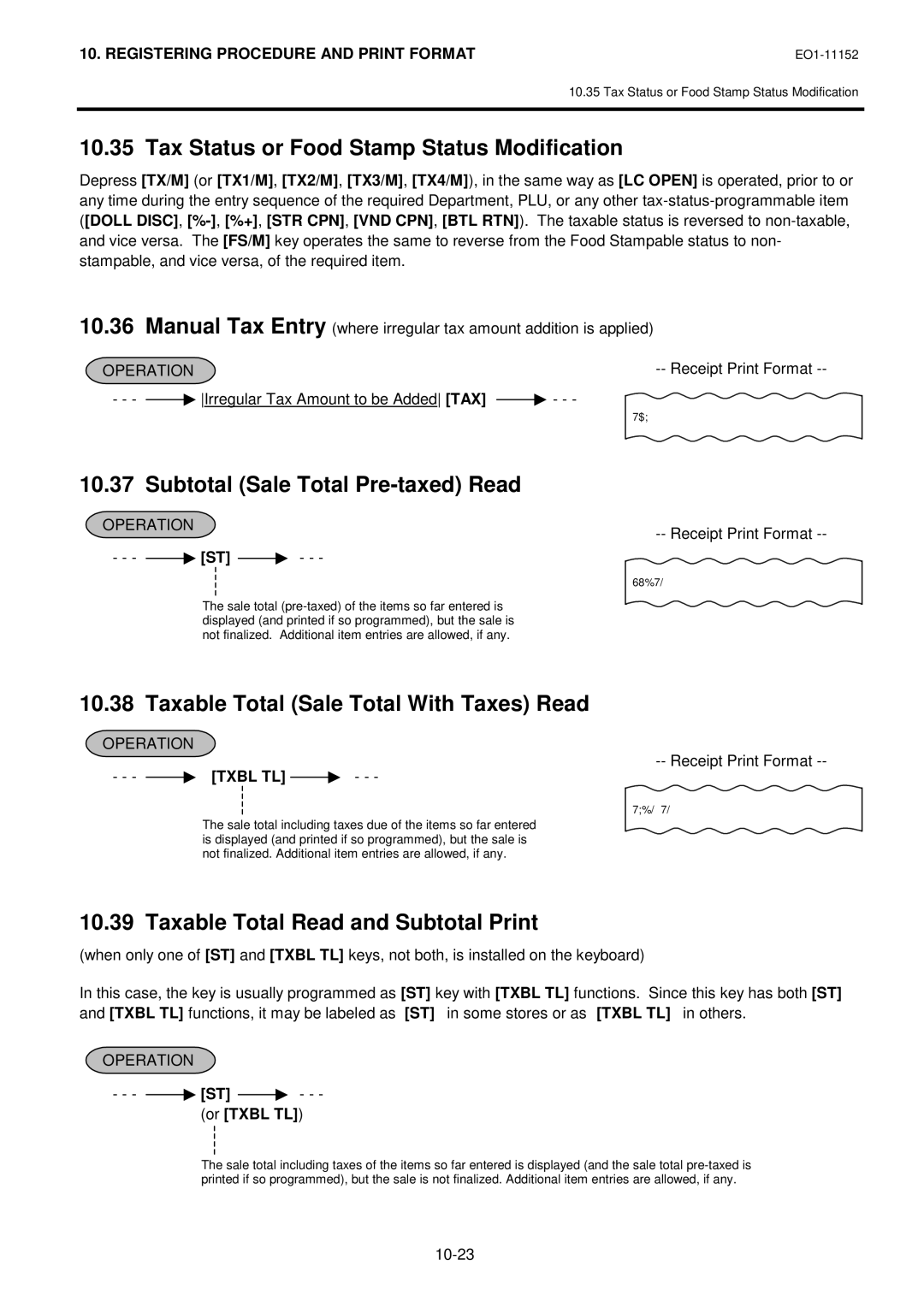 Toshiba MA-1595-1 Series Tax Status or Food Stamp Status Modification, Subtotal Sale Total Pre-taxed Read, Or Txbl TL 