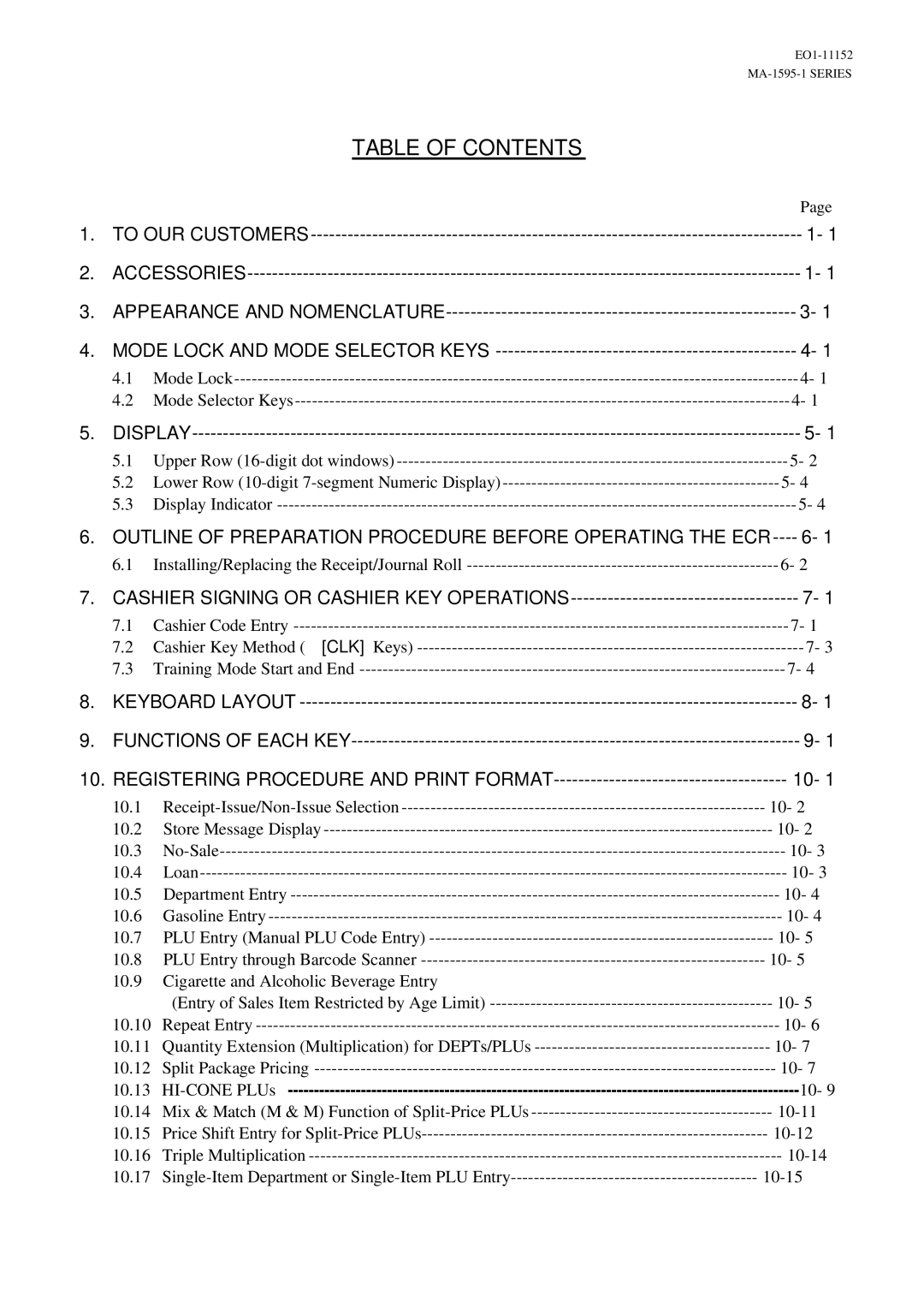 Toshiba MA-1595-1 Series owner manual Table of Contents 