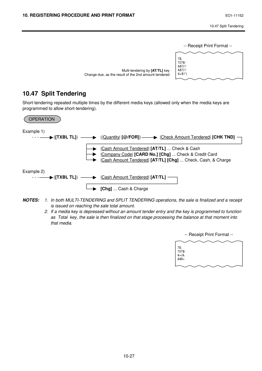 Toshiba MA-1595-1 Series owner manual Split Tendering, Company Code Card No. Chg, Check & Credit Card, 10-27 