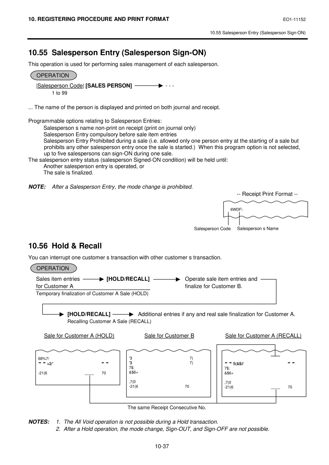 Toshiba MA-1595-1 Series owner manual Salesperson Entry Salesperson Sign-ON, Hold & Recall, Sales item entries, Hold/Recall 