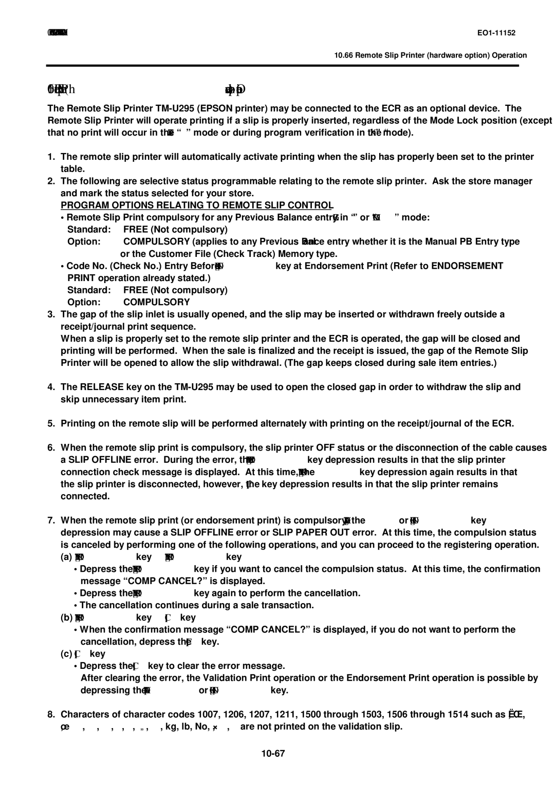 Toshiba MA-1595-1 Remote Slip Printer hardware option Operation, Program Options Relating to Remote Slip Control, Key 