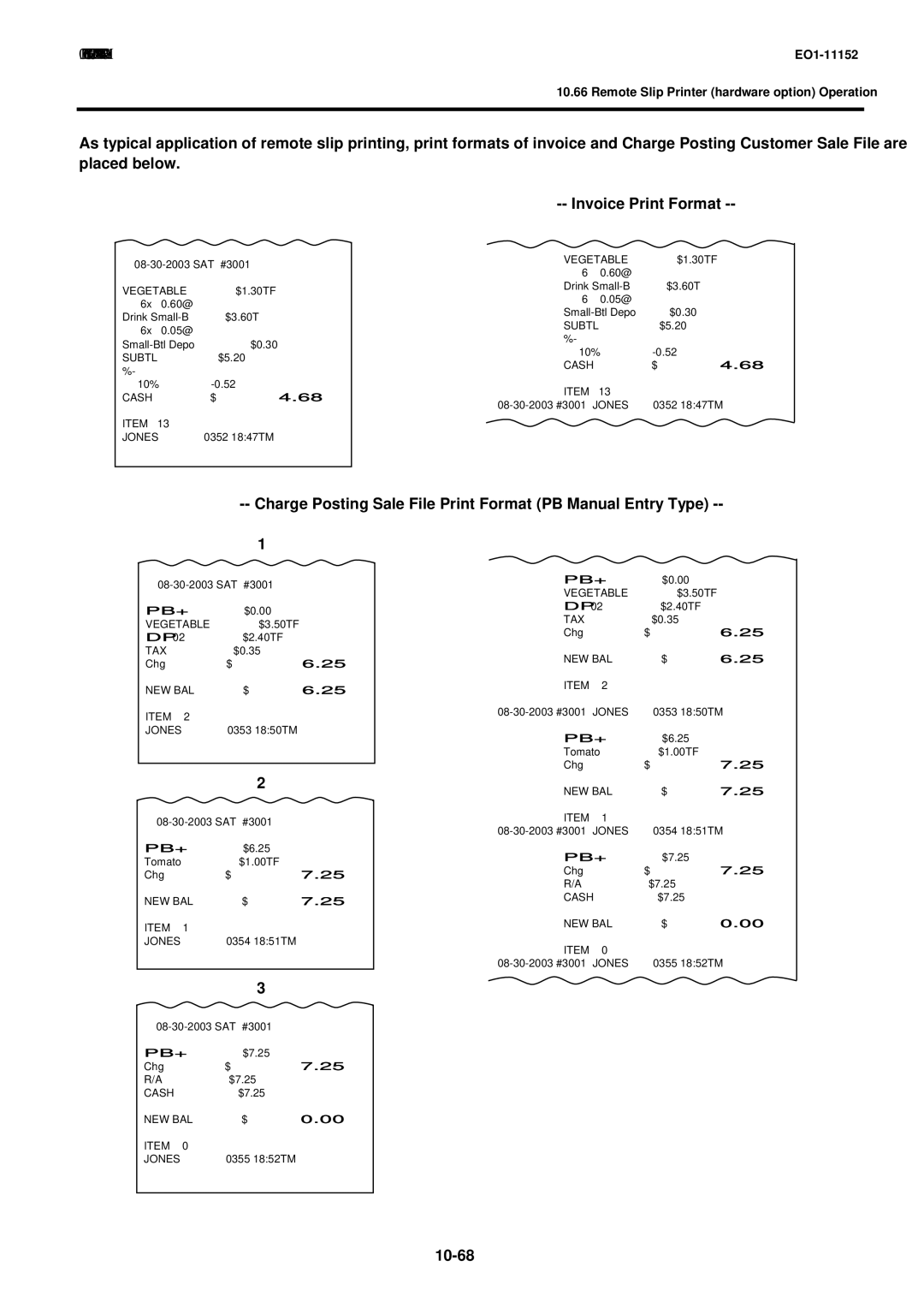 Toshiba MA-1595-1 owner manual Invoice Print Format, Charge Posting Sale File Print Format PB Manual Entry Type, 10-68 