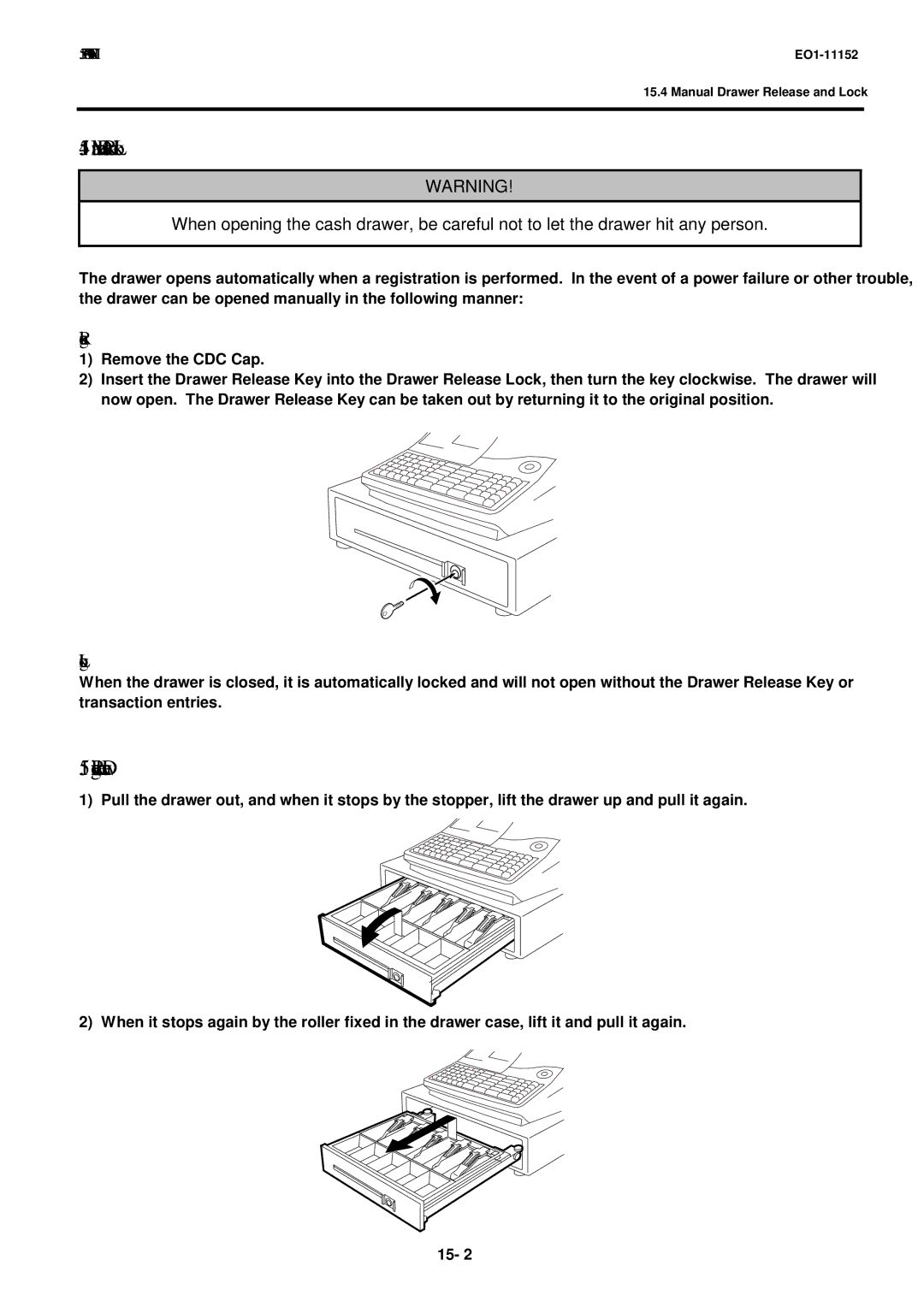 Toshiba MA-1595-1 owner manual Manual Drawer Release and Lock, Removing the Drawer, Releasing, Locking 