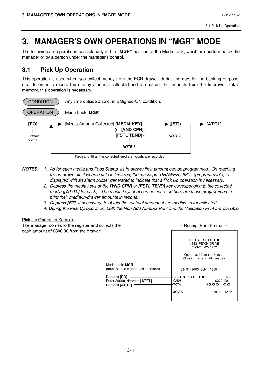 Toshiba MA-1595-1 owner manual MANAGER’S OWN Operations in MGR Mode, Pick Up Operation, Or VND CPN, Fstl Tend AT/TL 