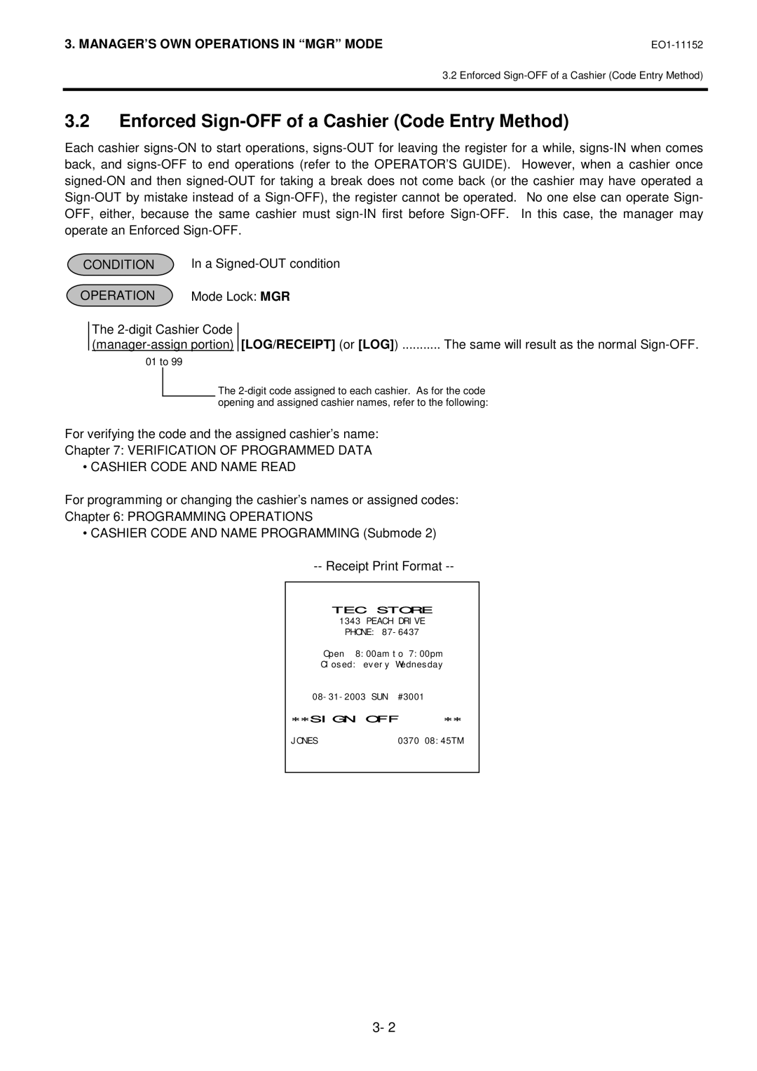 Toshiba MA-1595-1 Enforced Sign-OFF of a Cashier Code Entry Method, A Signed-OUT condition, Cashier Code and Name Read 