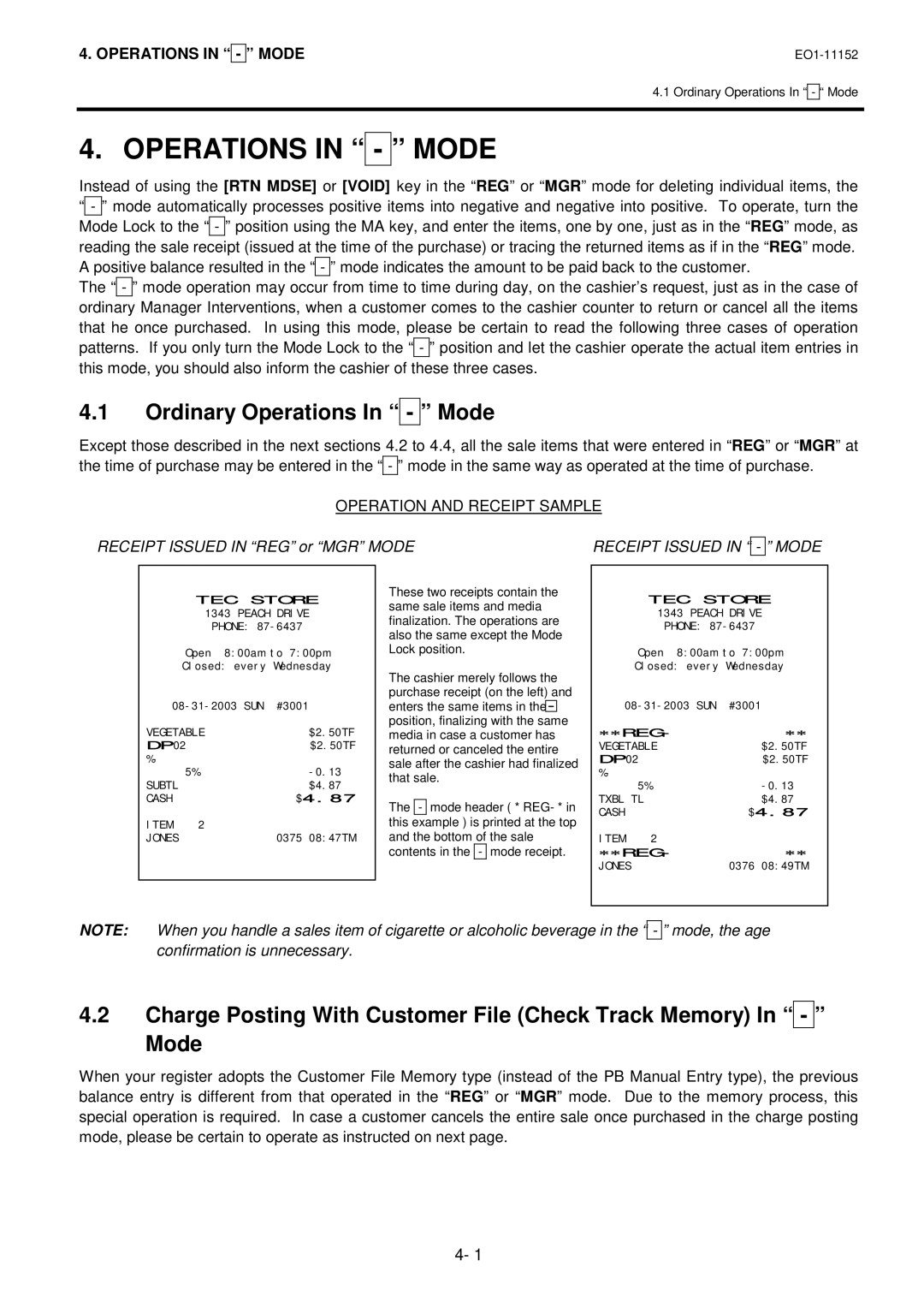 Toshiba MA-1595-1 owner manual Operations in Mode, Ordinary Operations In Mode, Operation and Receipt Sample 