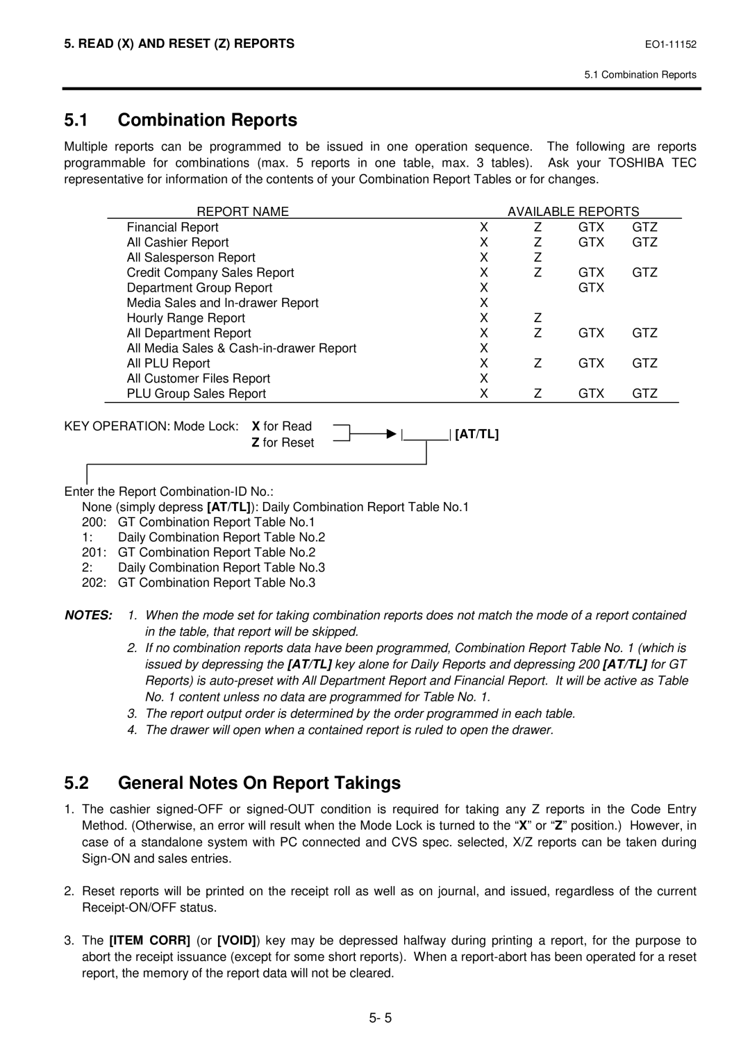 Toshiba MA-1595-1 owner manual Combination Reports, General Notes On Report Takings, Report Name Available Reports, Gtx Gtz 