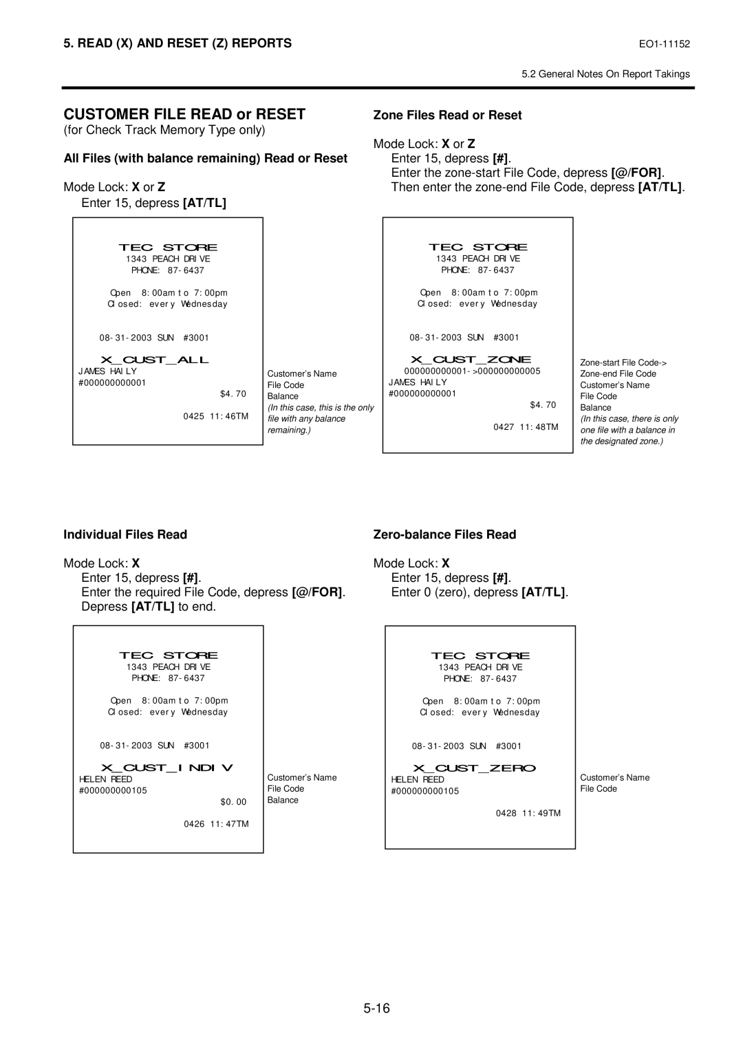 Toshiba MA-1595-1 Customer File Read or Reset, Zone Files Read or Reset, All Files with balance remaining Read or Reset 