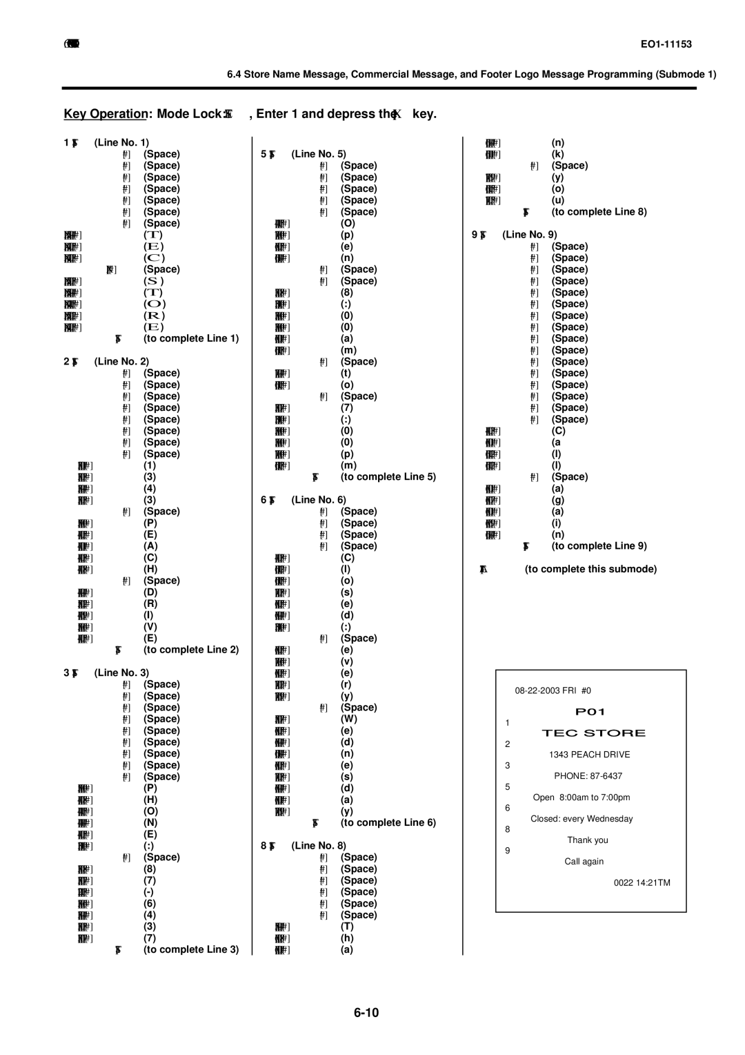 Toshiba MA-1595-1 owner manual Key Operation Mode Lock SET, Enter 1 and depress the X key, AT/TL to complete this submode 