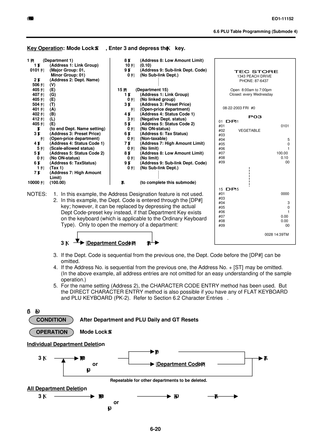 Toshiba MA-1595-1 Key Operation Mode Lock SET, Enter 3 and depress the X key, Department Code DP#, All Department Deletion 