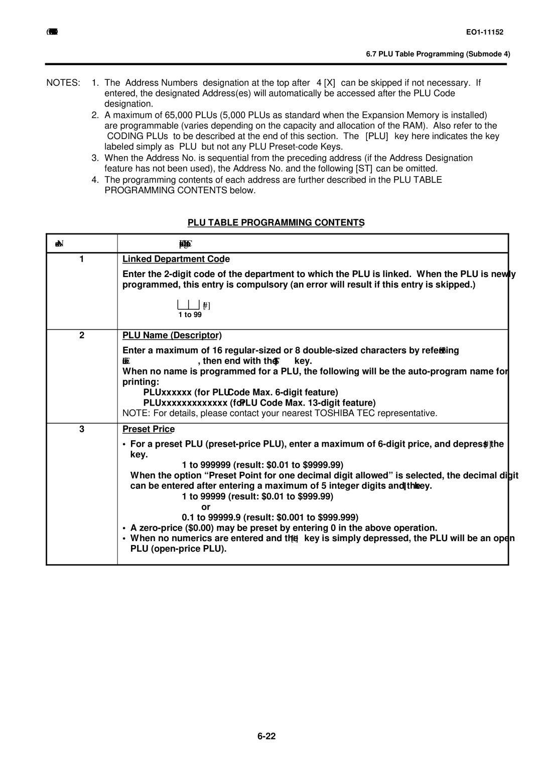 Toshiba MA-1595-1 owner manual PLU Table Programming Contents 