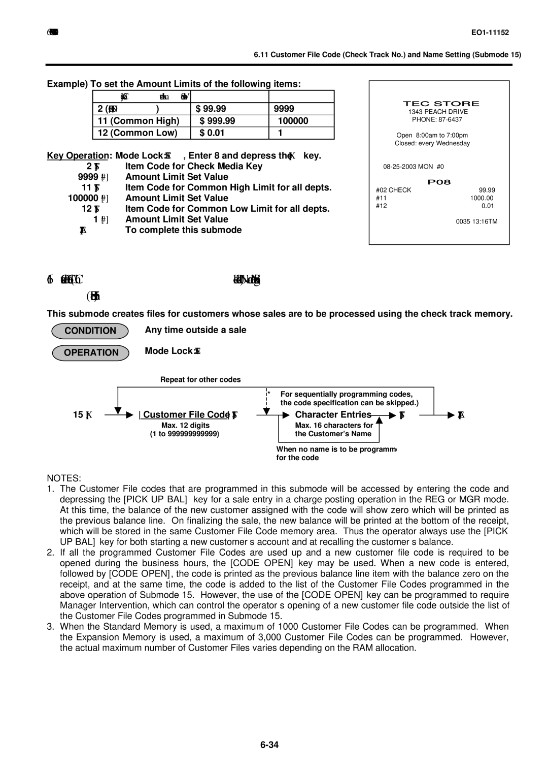 Toshiba MA-1595-1 Customer File Code Check Track No. and Name Setting Submode, Key Code Amount Limit Set Values CHK TND 