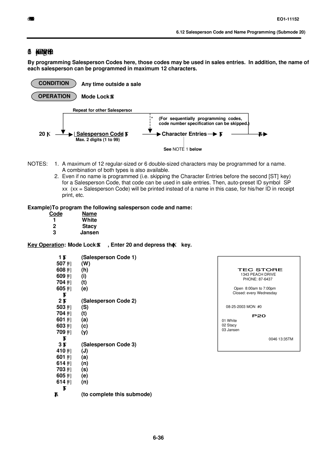 Toshiba MA-1595-1 owner manual Salesperson Code and Name Programming Submode, Salesperson Code ST Character Entries 