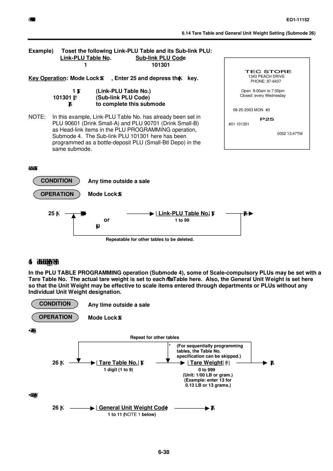 Toshiba MA-1595-1 owner manual Tare Table and General Unit Weight Setting Submode, Deletion of Link-PLU Tables 