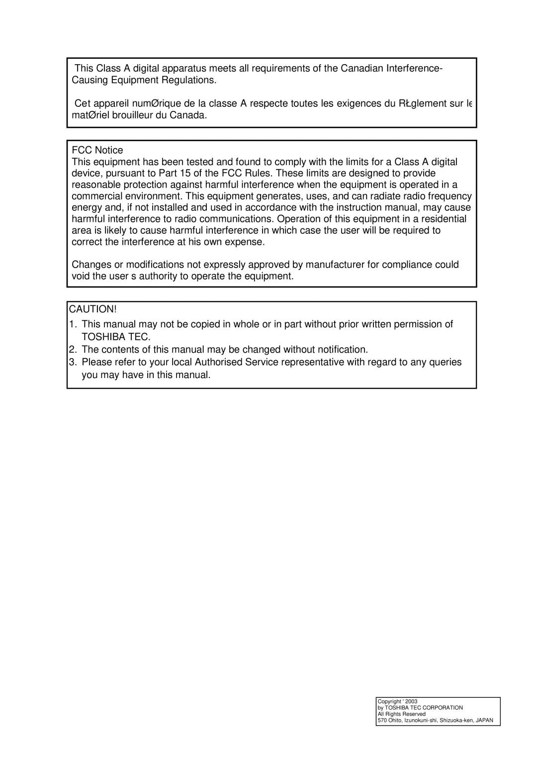 Toshiba MA-1595-1 owner manual FCC Notice 