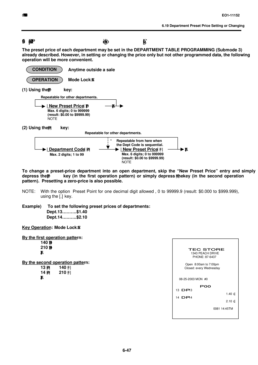 Toshiba MA-1595-1 owner manual Department Preset Price Setting or Changing, 14 DP# 210 # AT/TL 