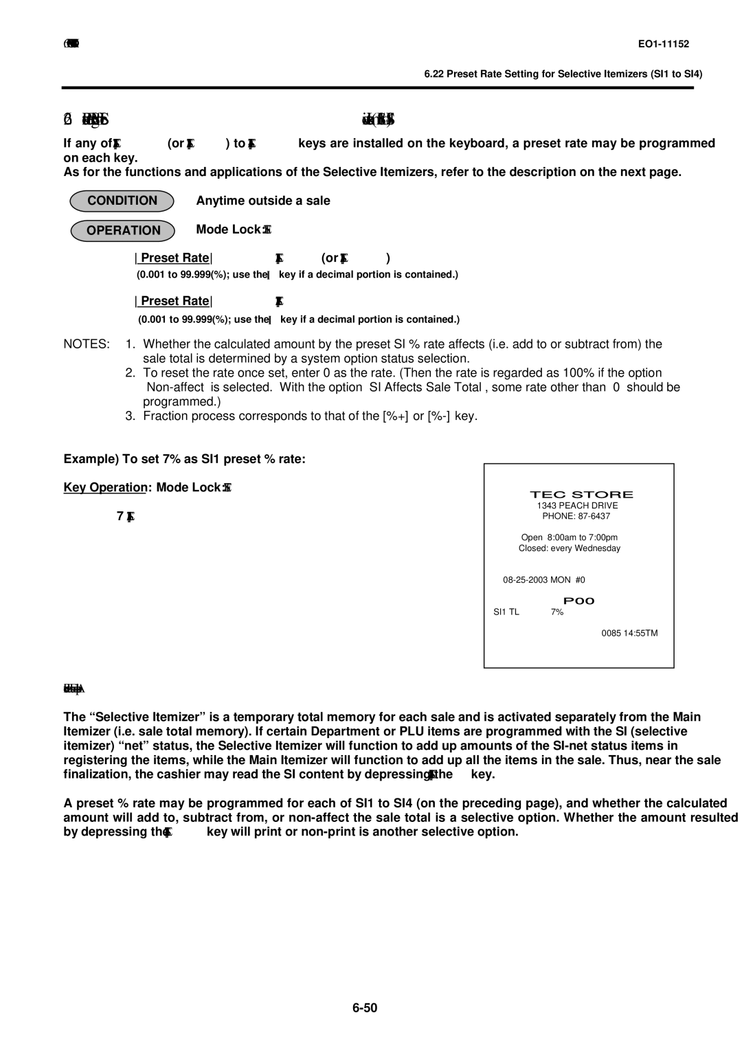 Toshiba MA-1595-1 owner manual Preset Rate Setting for Selective Itemizers SI1 to SI4, SI/TL or SI1/TL, SI2/TL 