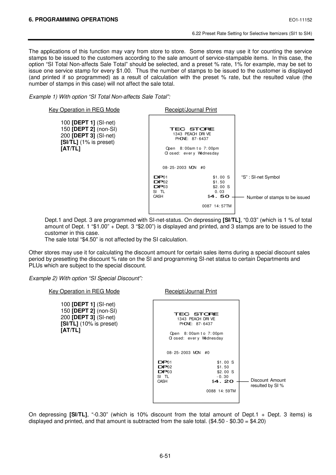 Toshiba MA-1595-1 owner manual Key Operation in REG Mode, Dept 1 SI-net Dept 2 non-SI Dept 3 SI-netSI/TL 1% is preset 