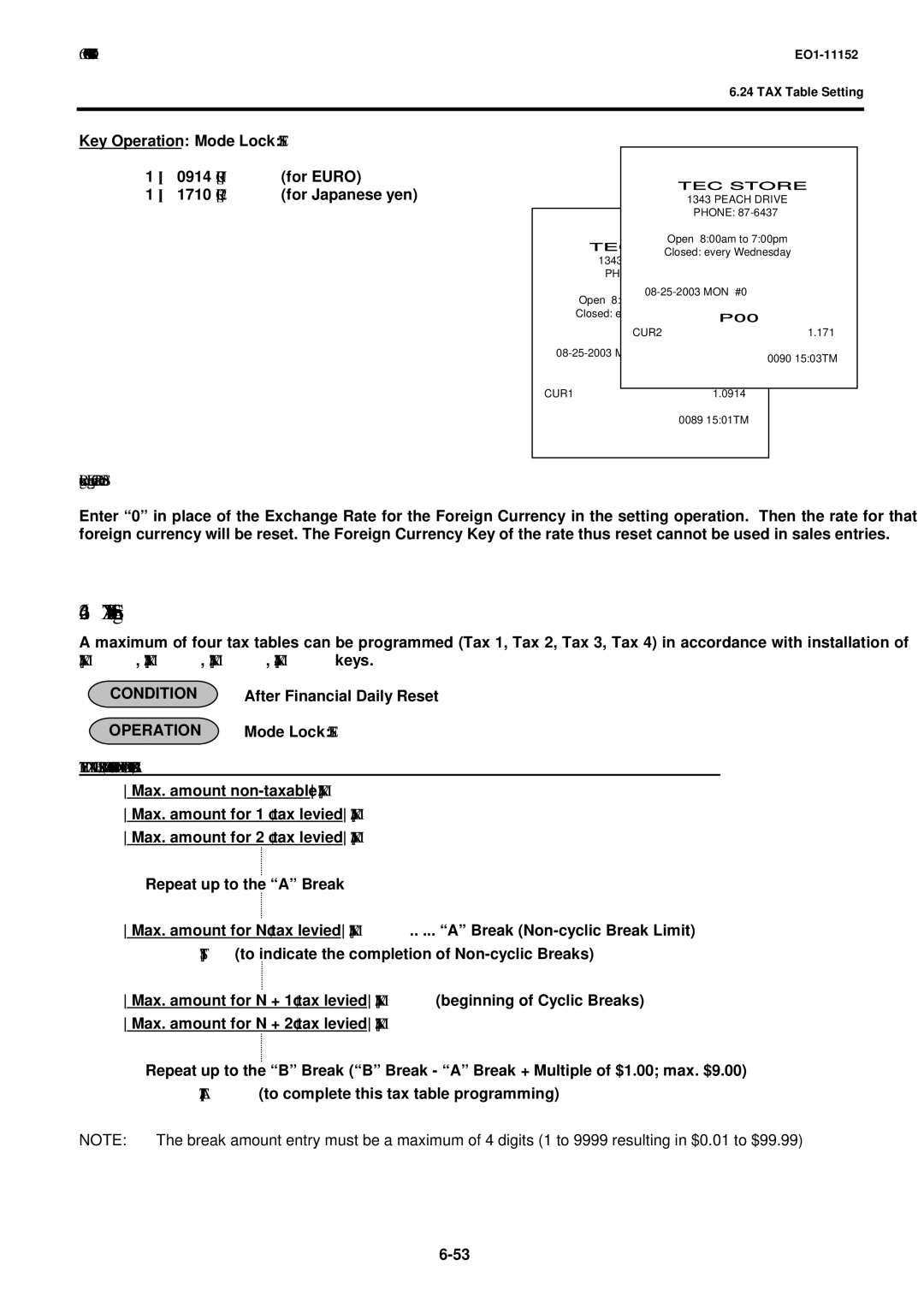 Toshiba MA-1595-1 owner manual TAX Table Setting, Resetting a Foreign Currency Rate Once Set, After Financial Daily Reset 