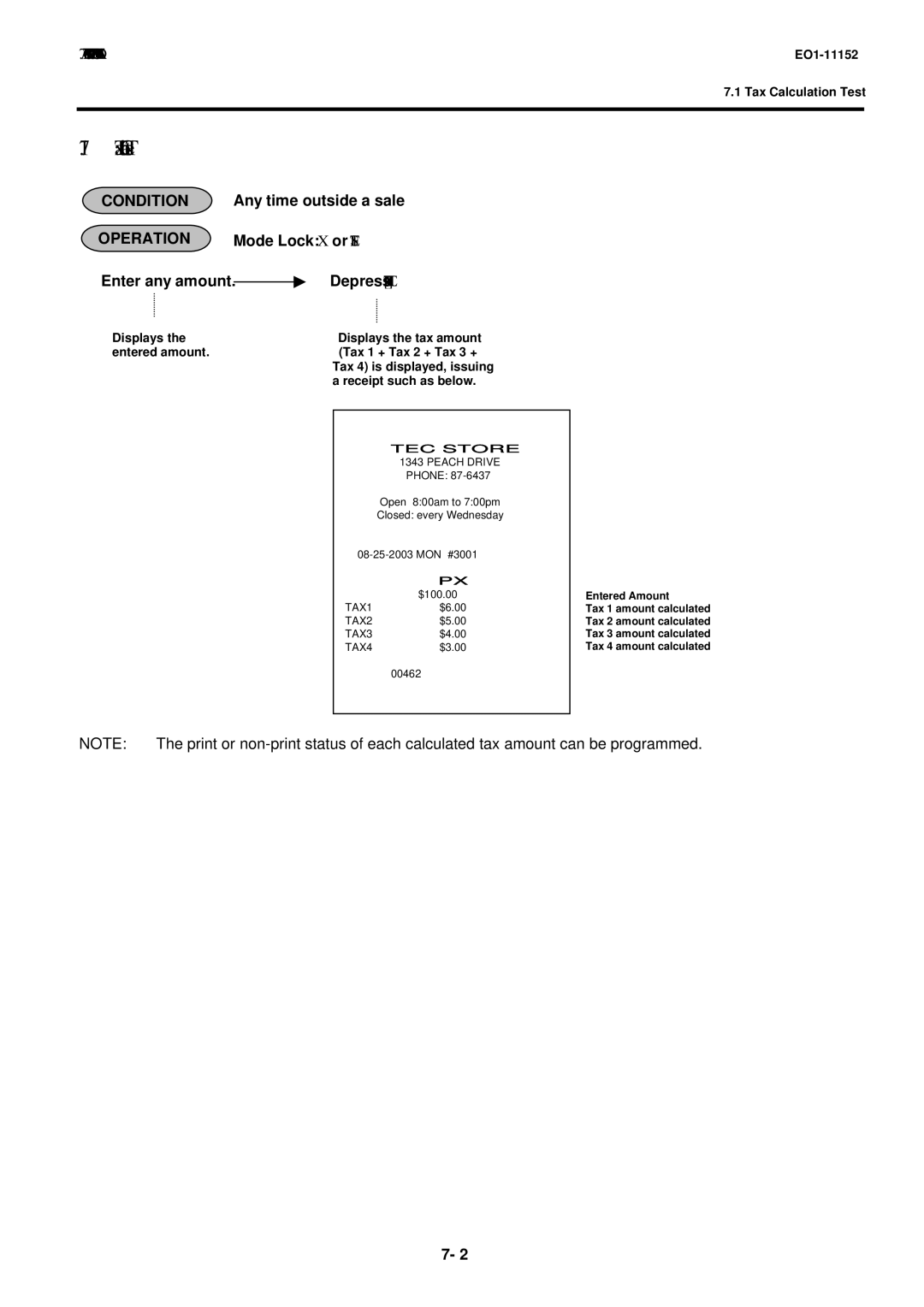 Toshiba MA-1595-1 owner manual Tax Calculation Test, Mode Lock X or SET Enter any amount, Depress Txbl TL 