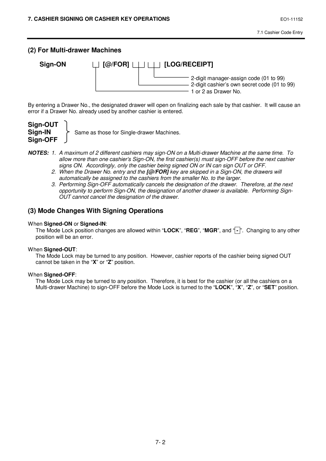 Toshiba MA-1595-1 For Multi-drawer Machines Sign-ON@/FOR, Mode Changes With Signing Operations, When Signed-OUT 