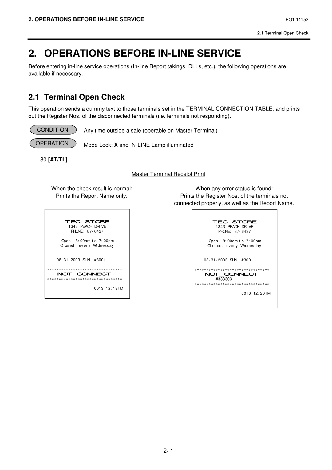 Toshiba MA-1595-1 owner manual Operations Before IN-LINE Service, Terminal Open Check, 80 AT/TL 