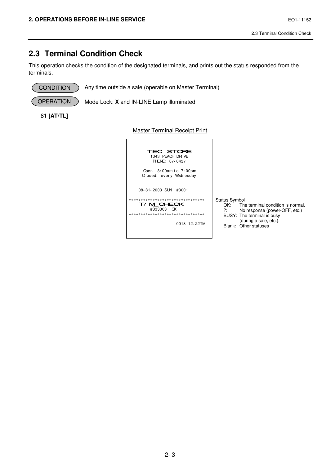 Toshiba MA-1595-1 owner manual Terminal Condition Check, 81 AT/TL 