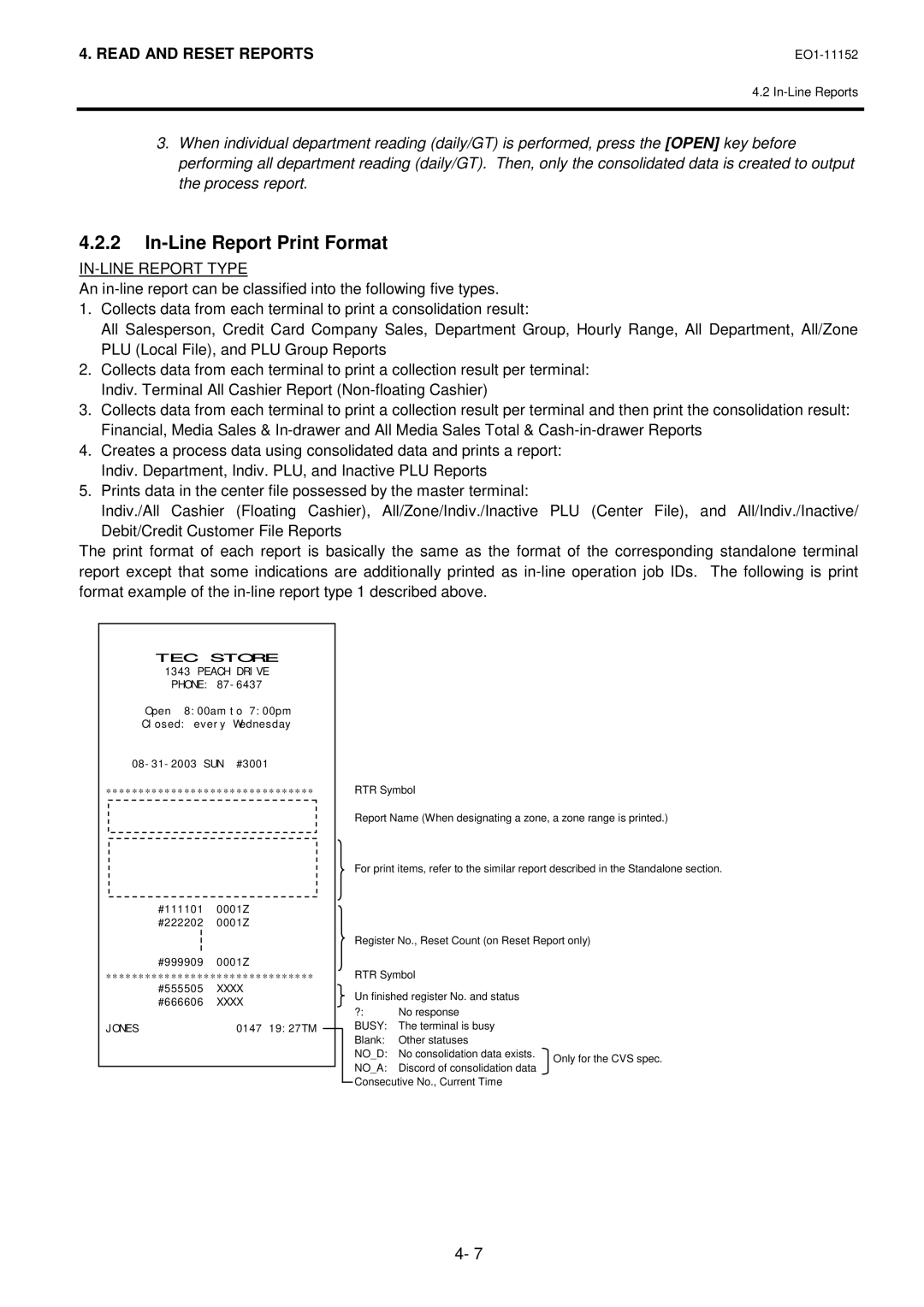 Toshiba MA-1595-1 owner manual In-Line Report Print Format, IN-LINE Report Type 