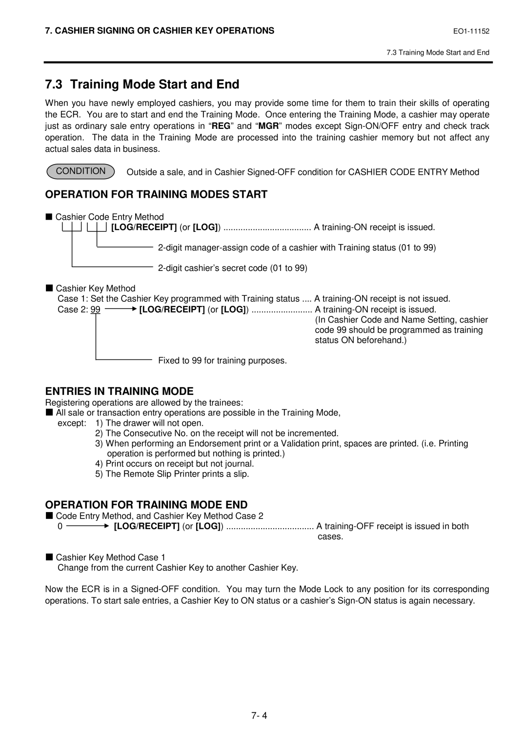 Toshiba MA-1595-1 owner manual Training Mode Start and End, Condition, LOG/RECEIPT or LOG 