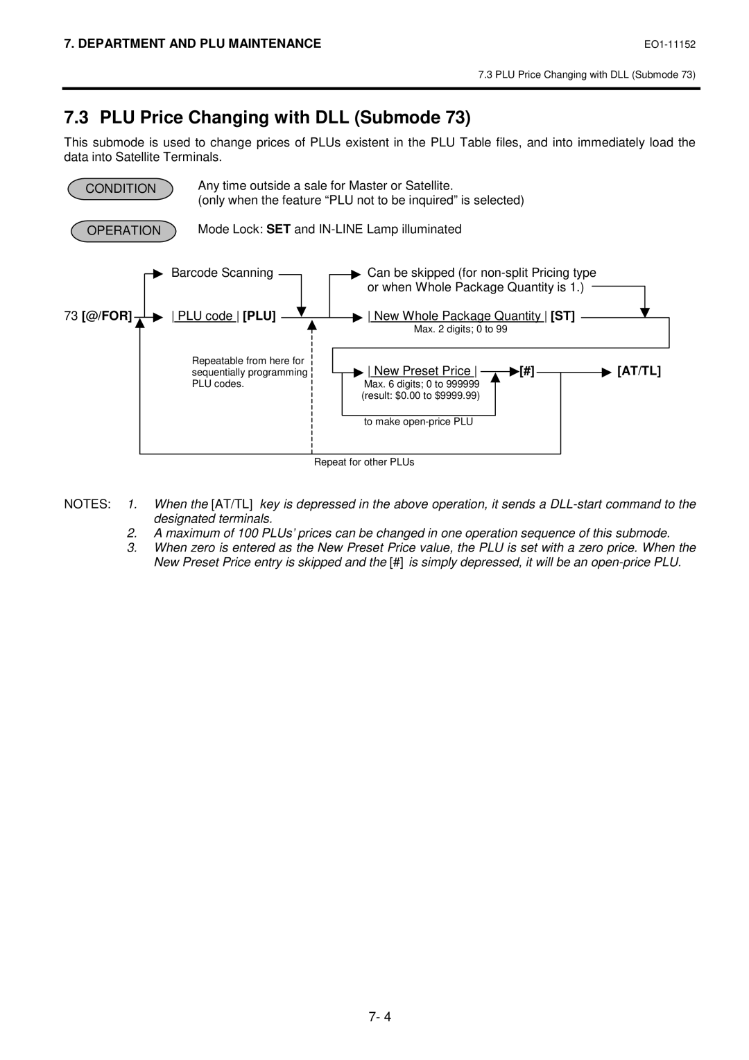 Toshiba MA-1595-1 owner manual PLU Price Changing with DLL Submode, 73 @/FOR, New Preset Price 