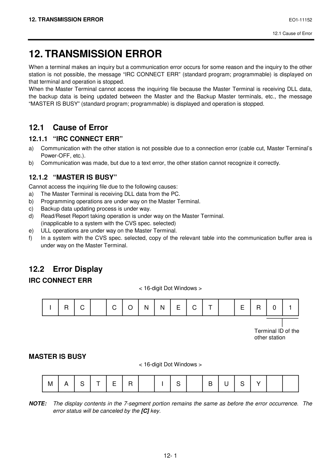 Toshiba MA-1595-1 owner manual Transmission Error, Cause of Error, Error Display 