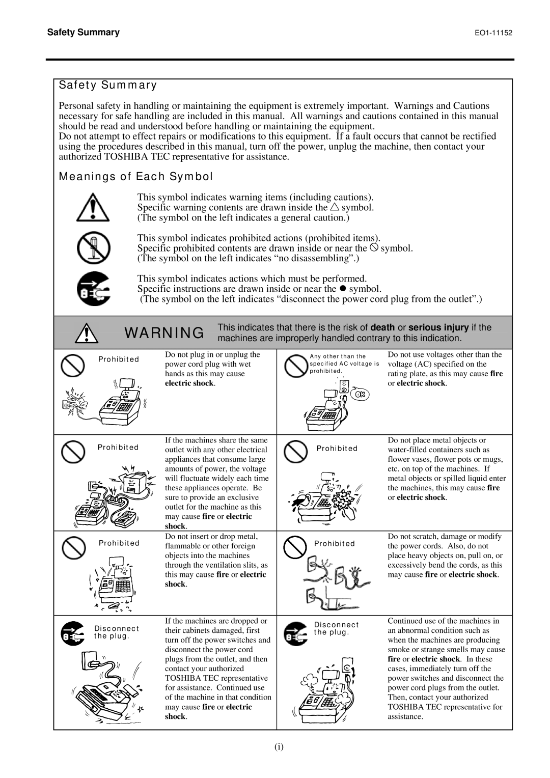 Toshiba MA-1595-1 owner manual Safety Summary, Meanings of Each Symbol 