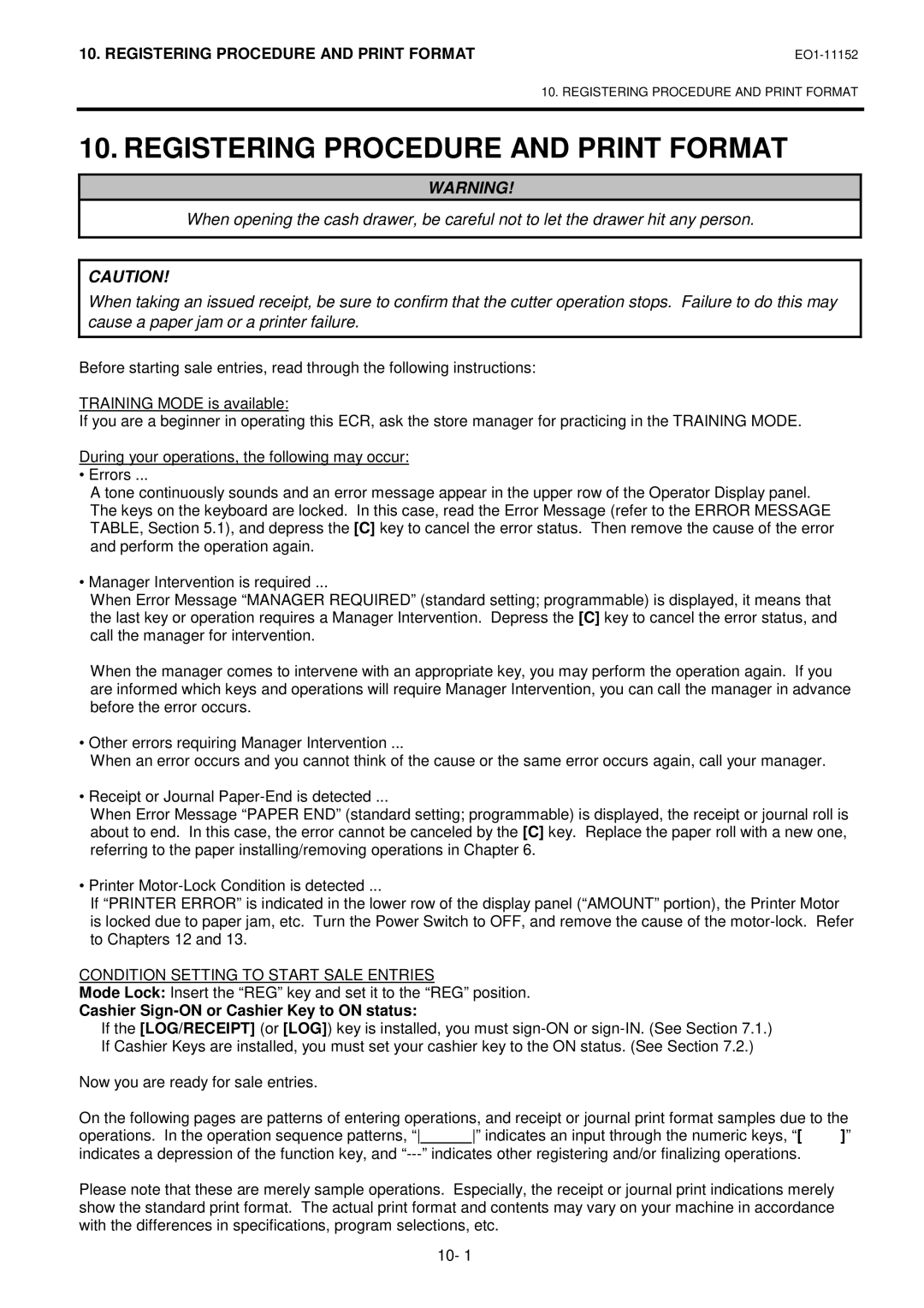 Toshiba MA-1595-1 owner manual Registering Procedure and Print Format, Condition Setting to Start Sale Entries 