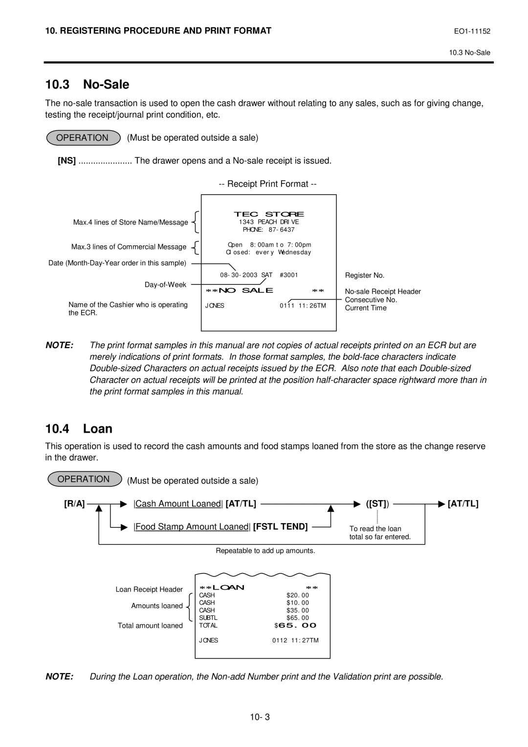 Toshiba MA-1595-1 owner manual No-Sale, Loan, Drawer opens and a No-sale receipt is issued, Receipt Print Format, At/Tl 