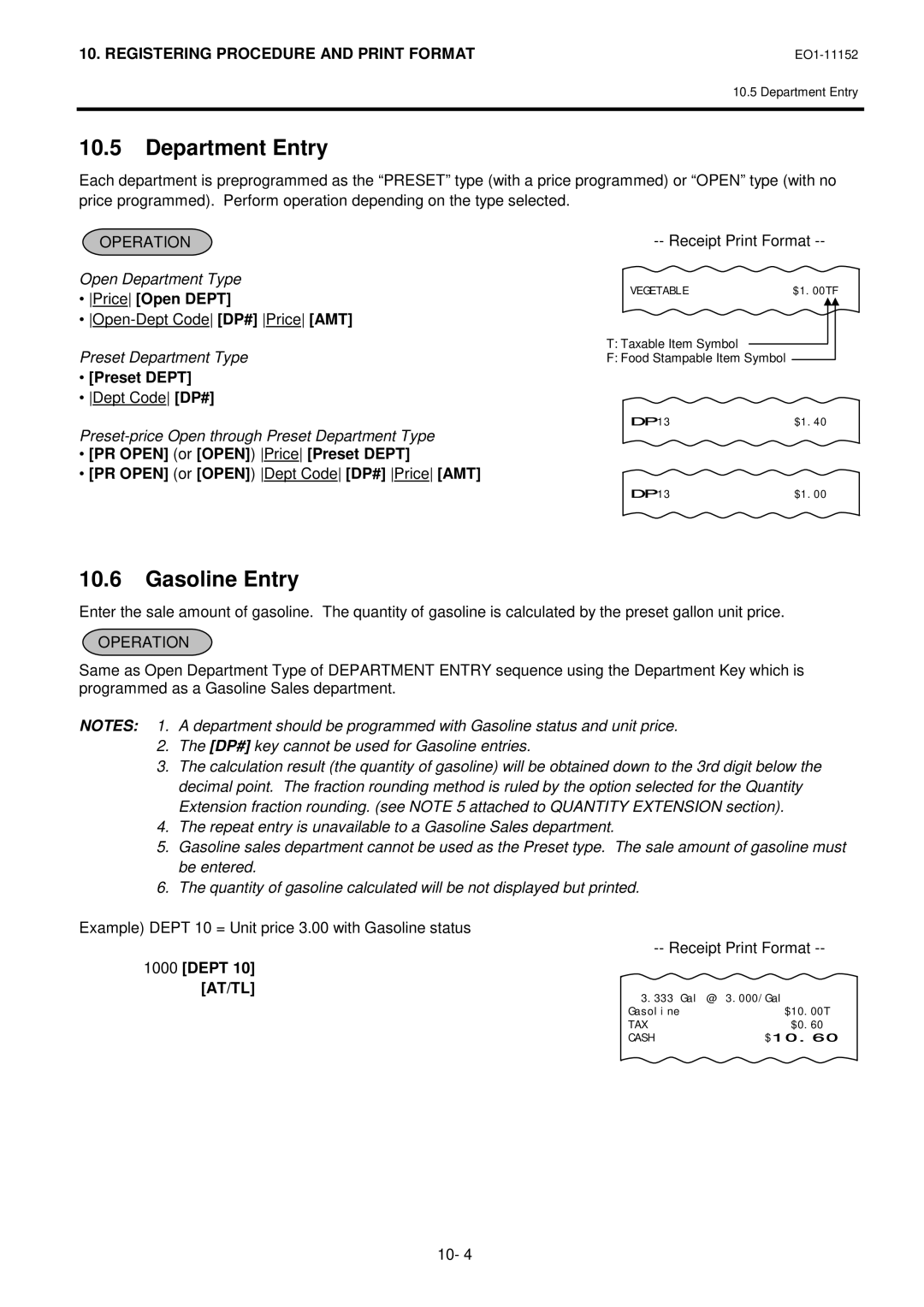 Toshiba MA-1595-1 owner manual Department Entry, Gasoline Entry, PriceOpen Dept, Preset Dept, Dept 10 AT/TL 