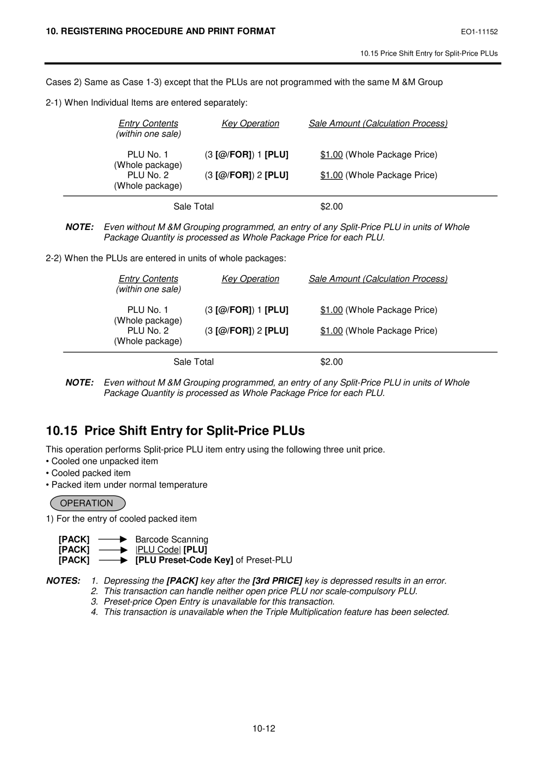 Toshiba MA-1595-1 owner manual Price Shift Entry for Split-Price PLUs, When the PLUs are entered in units of whole packages 