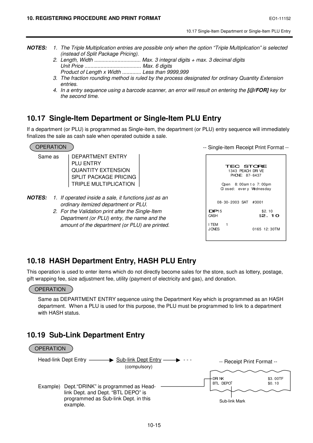 Toshiba MA-1595-1 owner manual Single-Item Department or Single-Item PLU Entry, Hash Department Entry, Hash PLU Entry 