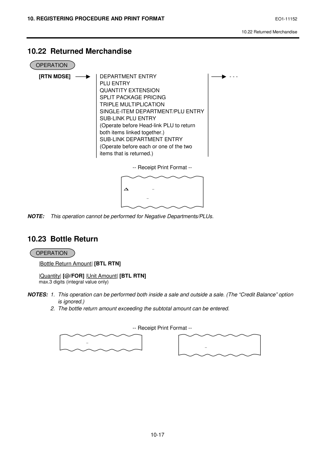 Toshiba MA-1595-1 owner manual Returned Merchandise, Bottle Return, RTN Mdse 