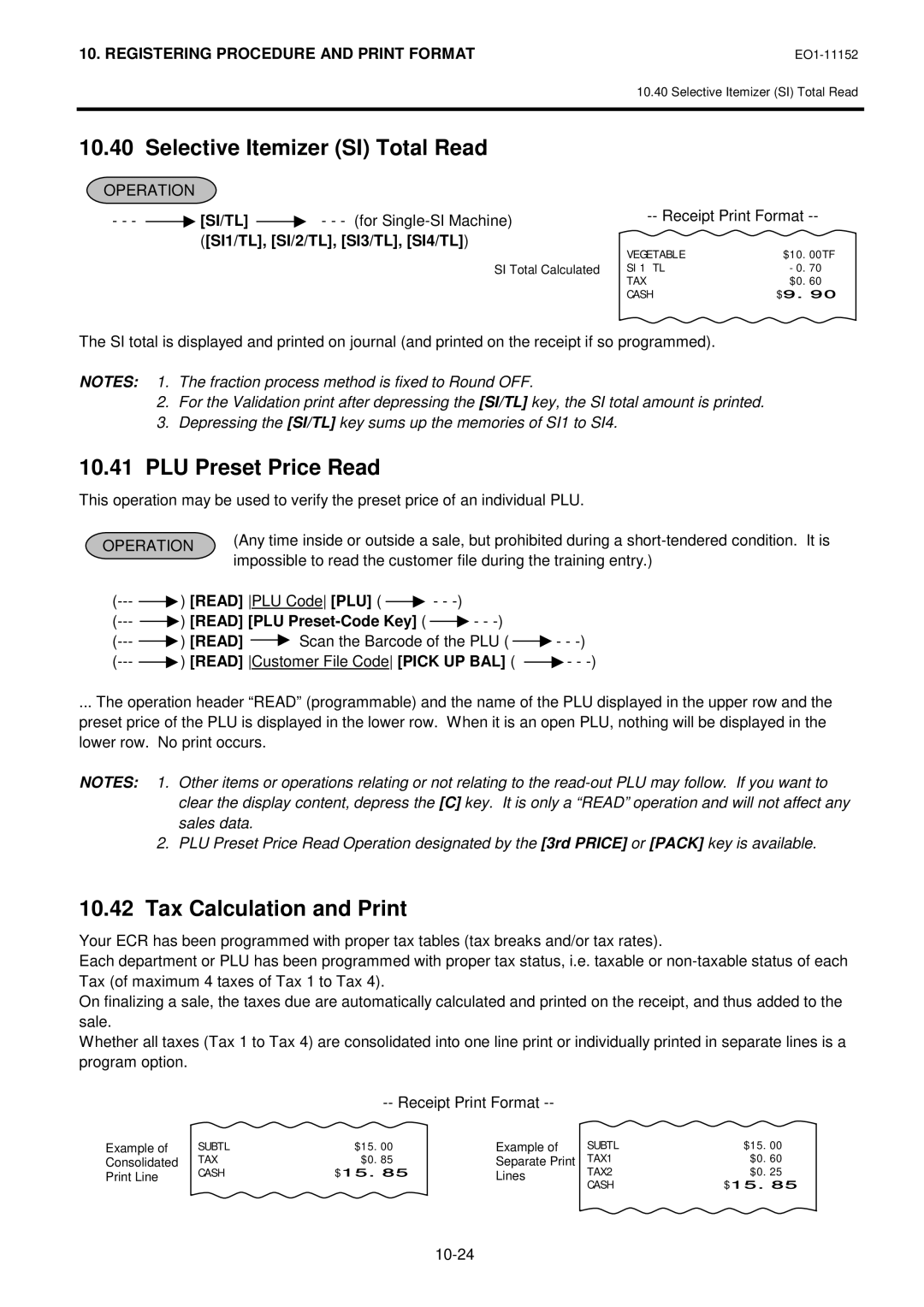 Toshiba MA-1595-1 owner manual Selective Itemizer SI Total Read, PLU Preset Price Read, Tax Calculation and Print, Si/Tl 