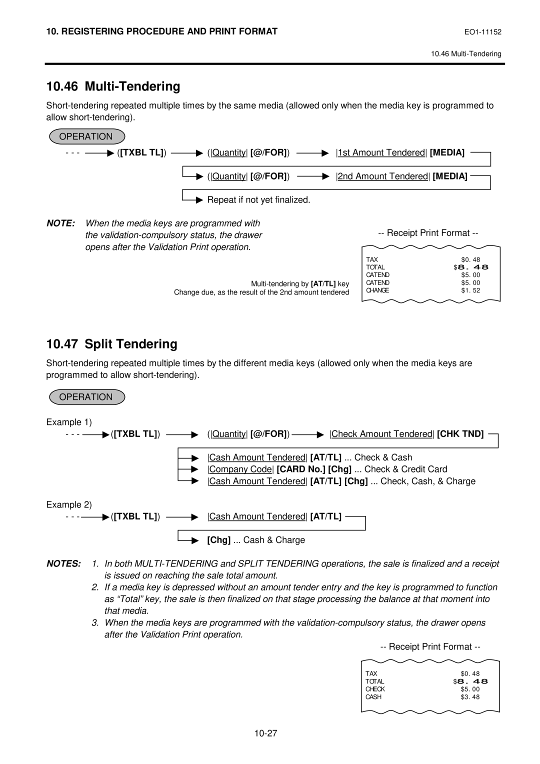 Toshiba MA-1595-1 Multi-Tendering, Split Tendering, Example, Cash Amount Tendered AT/TL Chg ... Cash & Charge, 10-27 