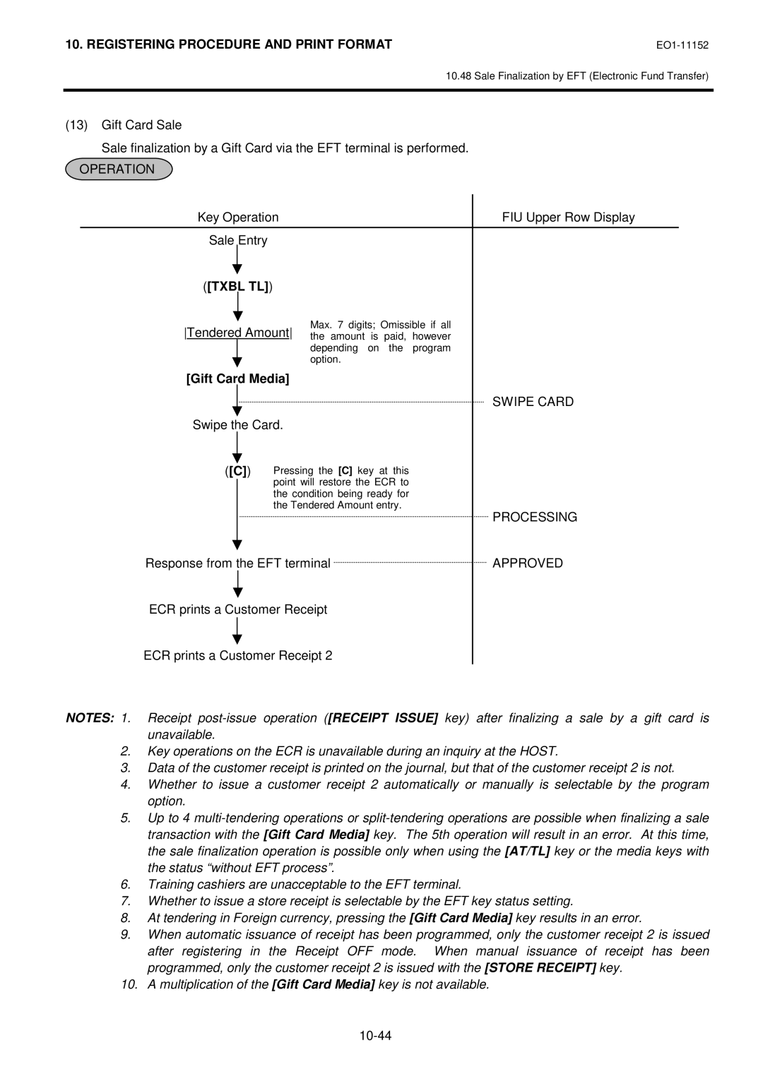 Toshiba MA-1595-1 owner manual Gift Card Media, ECR prints a Customer Receipt, 10-44 