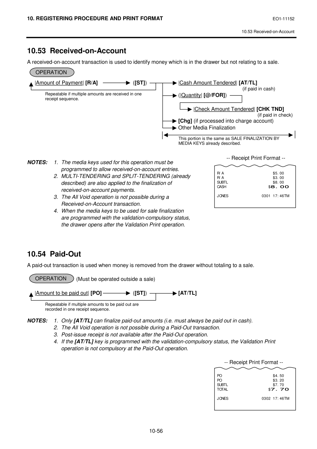 Toshiba MA-1595-1 owner manual Received-on-Account, Paid-Out, Amount of Payment R/A, Cash Amount Tendered AT/TL 